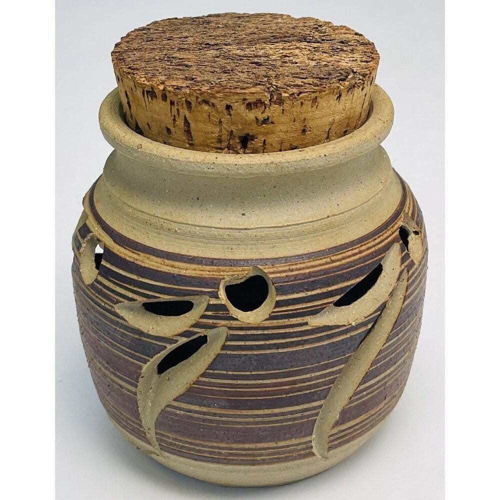 VTG Handmade 4.75" Brown Leaf Stripe Design Studio Pottery CANDLE LANTERN EUC